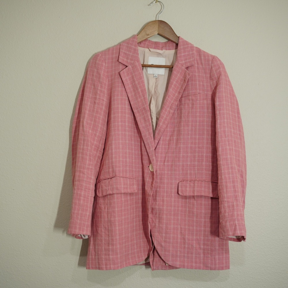 Madewell Women's Size Small Pink Linen Blazer Windowpane Plaid Menswear Chic